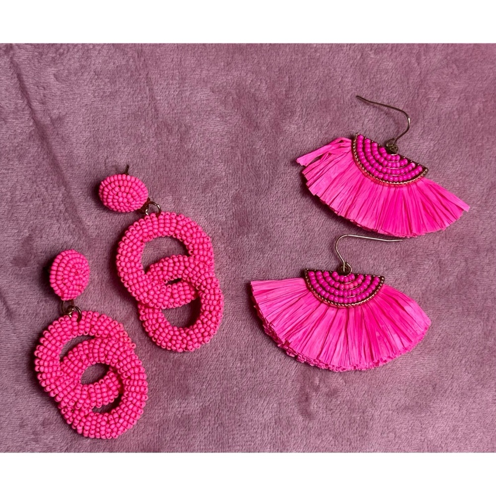 2 Pairs Hot Pink Neon Beaded Fringe Straw Boho Dangle Earrings Costume Jewelry